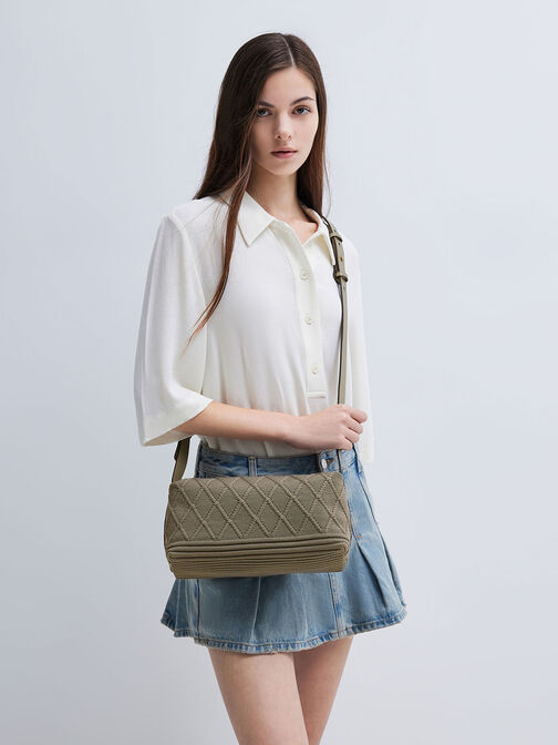 Willa Knitted Shoulder Bag, สีกากี, hi-res