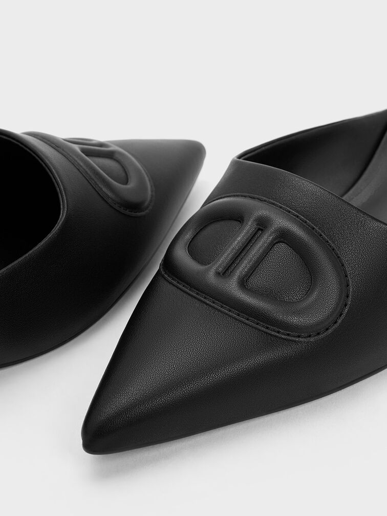 Oval Stitch-Trim Pointed-Toe Mules, Black, hi-res
