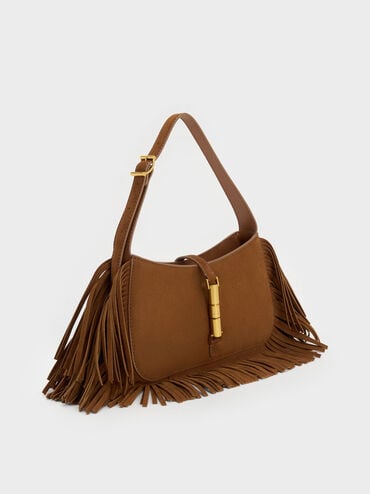 Cesia Recycled Suede Metallic-Accent Fringed Shoulder Bag, Sienna Brown, hi-res