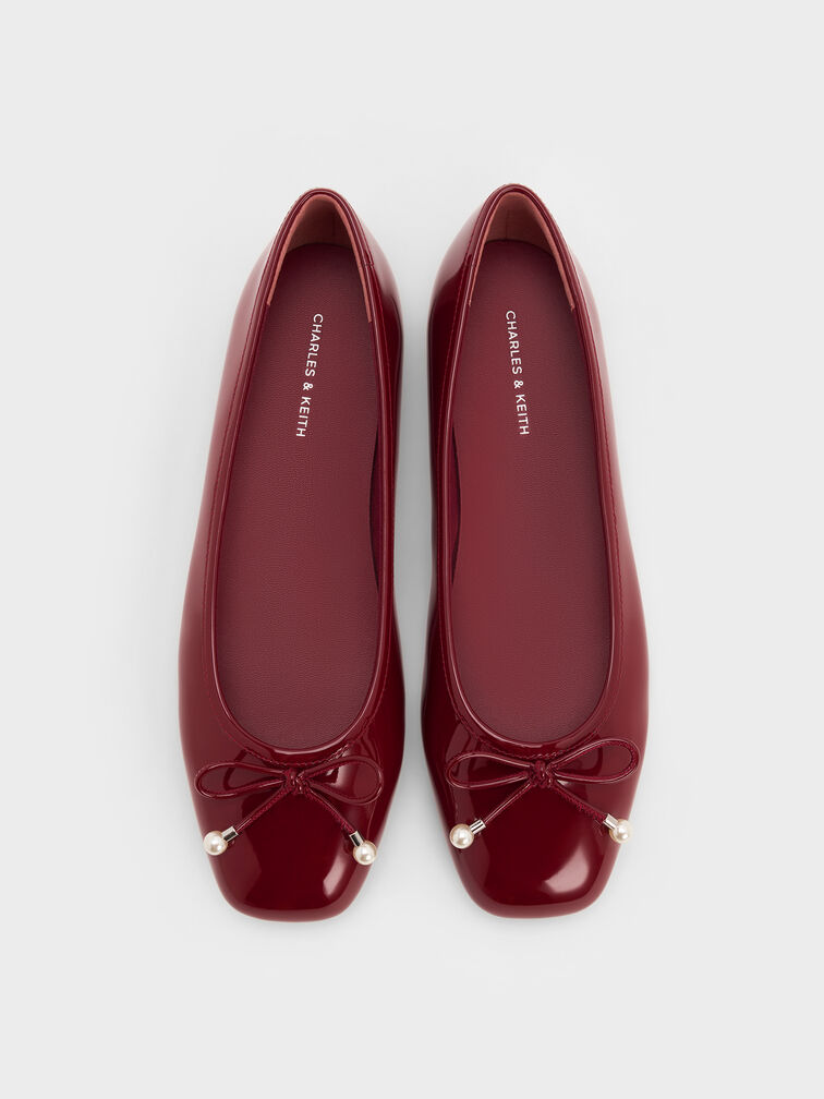 Barbara Patent Pearl-Embellished Bow Ballet Flats, Red, hi-res