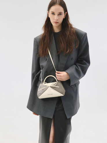 Hazel Heart-Print Bow Panelled Top Handle Bag, Taupe, hi-res