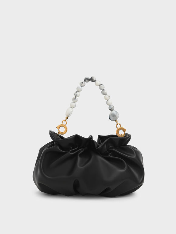 Ruched Bead-Embellished Bag, Black, hi-res