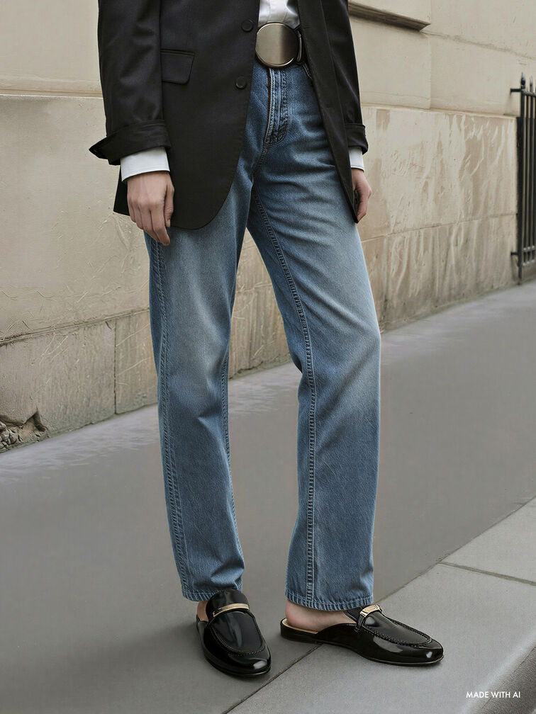 Metallic-Bar Loafer Mules, Black Boxed, hi-res