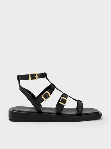 Buckled Gladiator Sandals, สีดำ, hi-res