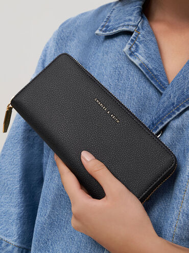กระเป๋าสตางค์ใบยาวดีไซน์ที่ปิดแบบซิปรอบรุ่น Dulcie, สีดำ, hi-res