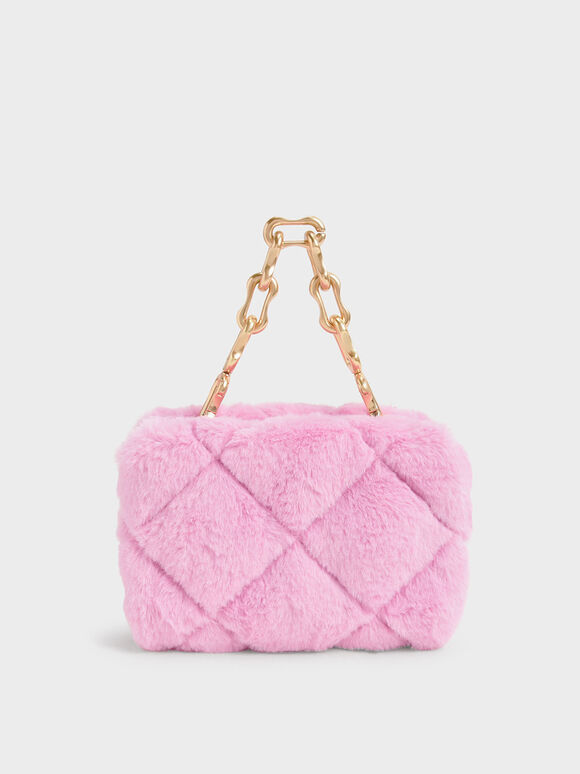 Gemma Chunky Chain Handle Furry Quilted Boxy Bag, Pink, hi-res