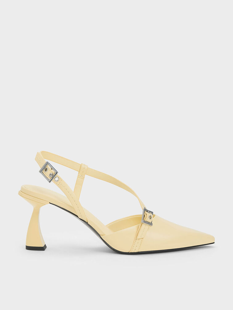 Asymmetric Curved Heel Slingback Pumps, สีบัตเตอร์, hi-res