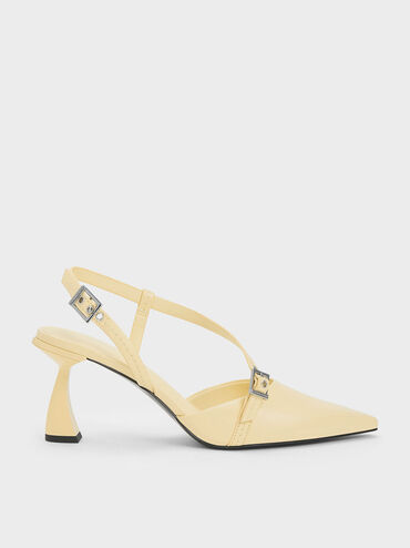 Asymmetric Curved Heel Slingback Pumps, Butter, hi-res