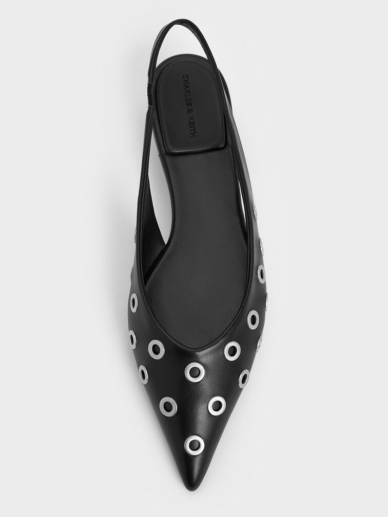 Grommet Pointed-Toe Slingback Flats, Black, hi-res