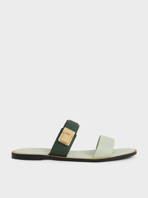 Metallic Buckle Slide Sandals, สีเขียว, hi-res