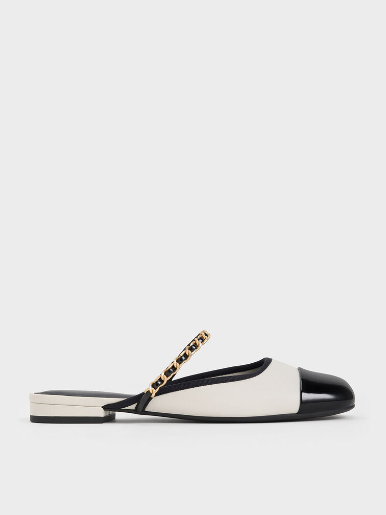Patent Two-Tone Chain-Strap Mules, White, hi-res