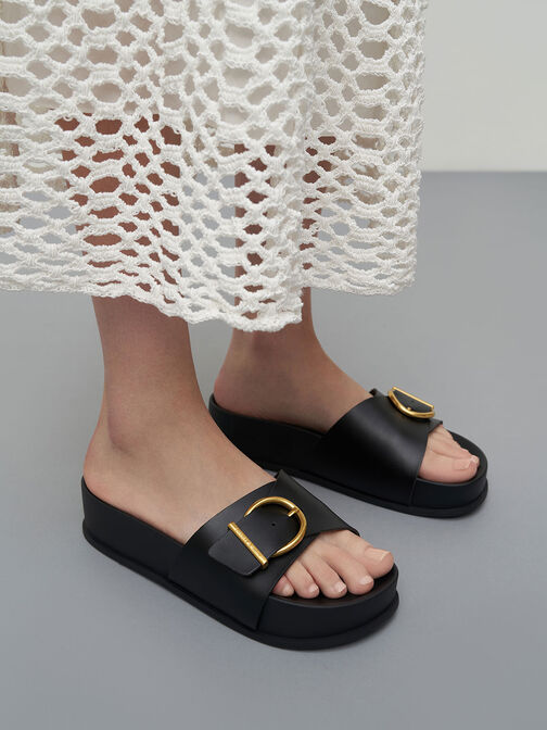 Metallic Buckle Flatform Sandals, , hi-res
