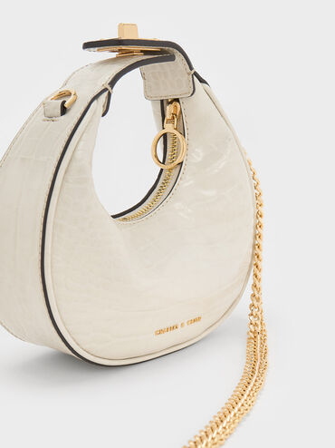Mini Croc-Effect Moon Bag, สีไอวอรี่, hi-res