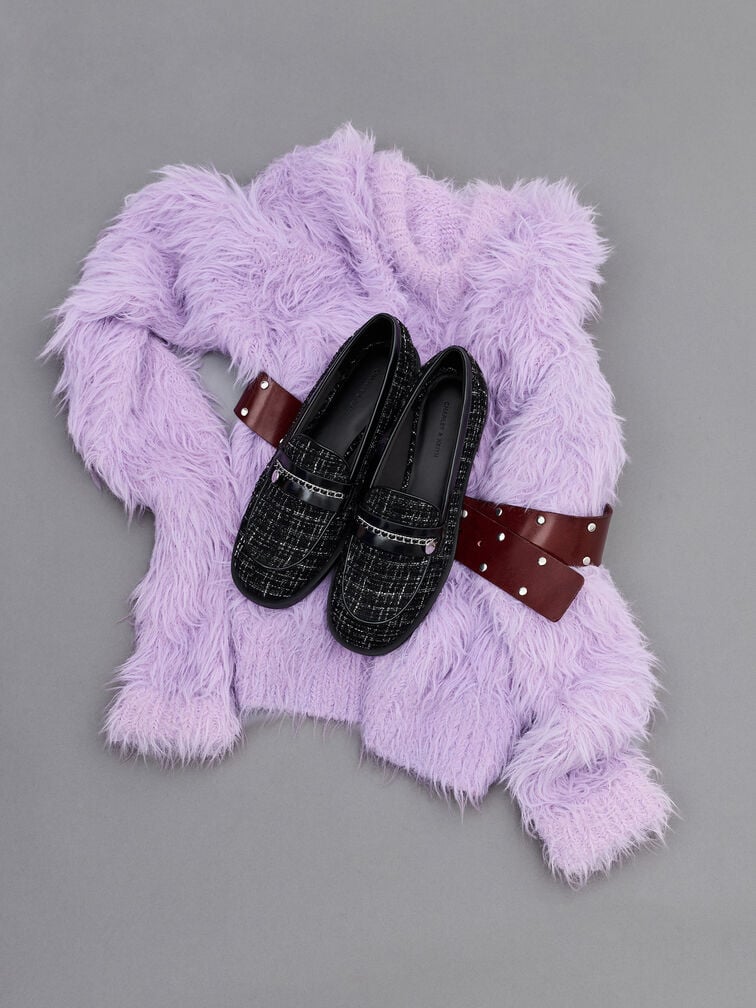 รองเท้าโลฟเฟอร์วัสดุผ้าทวีตตกแต่งสายโซ่แบบถักเมทัลลิค, สีแบล็คเท็กซ์เจอร์, hi-res