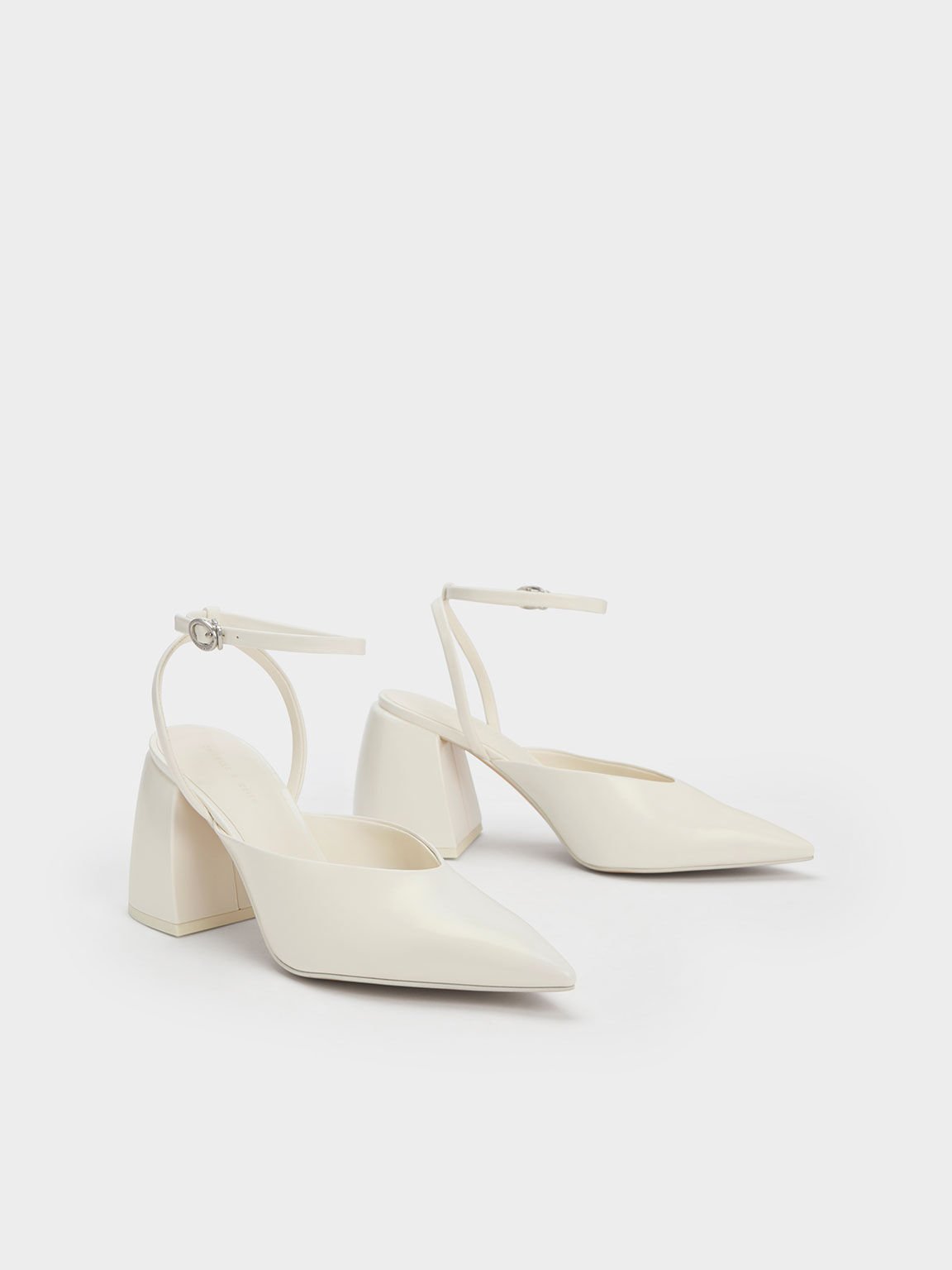 Chunky Heel Ankle Strap Pumps White