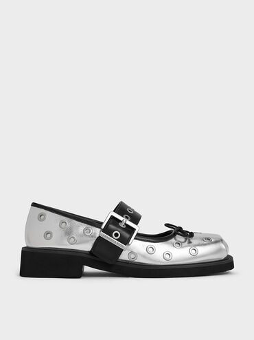 Metallic Grommet Buckled Mary Janes, Silver, hi-res
