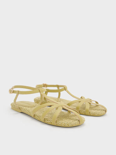 Strappy Raffia T-Bar Ankle-Strap Sandals, Olive, hi-res