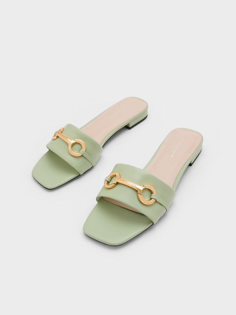 Metallic Bar Slide Sandals, สีเซจกรีน, hi-res