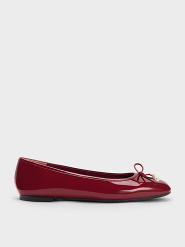 Barbara Patent Pearl-Embellished Bow Ballet Flats, Red, hi-res