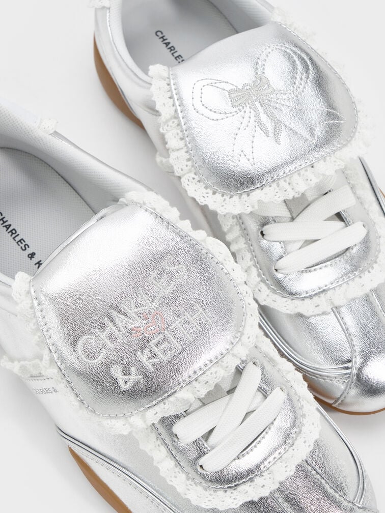 Louise Lace-Trim Sneakers, Silver, hi-res