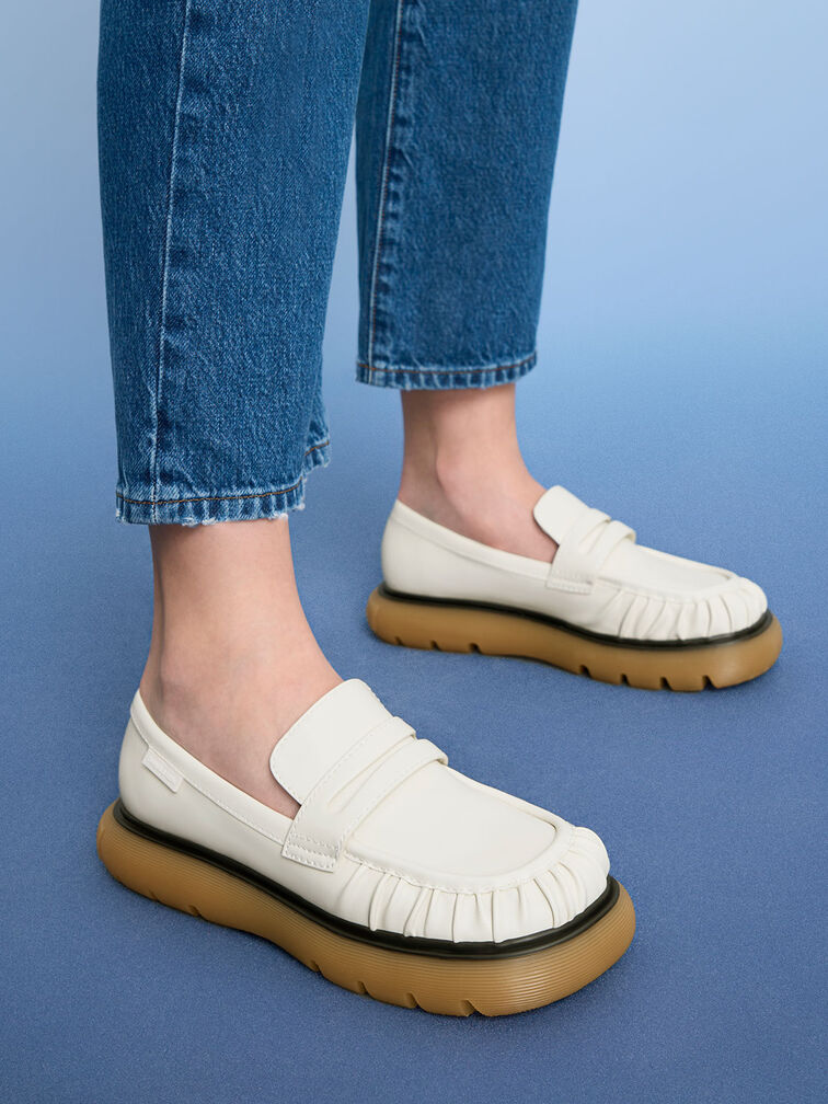 Ruched Ridged-Sole Penny Loafers, , hi-res