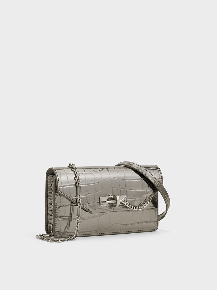 Samantha Metallic Croc-Effect Chain-Embellished Crossbody Bag, Pewter, hi-res