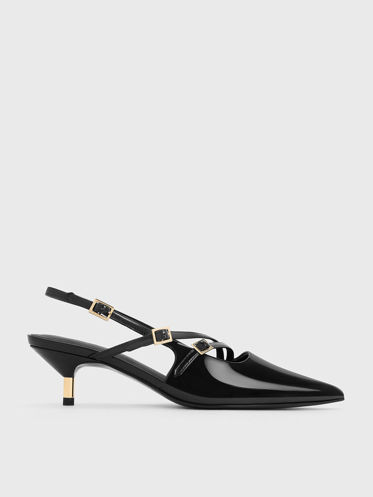 Patent Buckle-Strap Kitten Heel Slingback Pumps, หนังแก้วสีดำ, hi-res