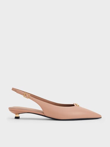 Metallic-Accent Kitten-Heel Slingback Pumps, Nude, hi-res