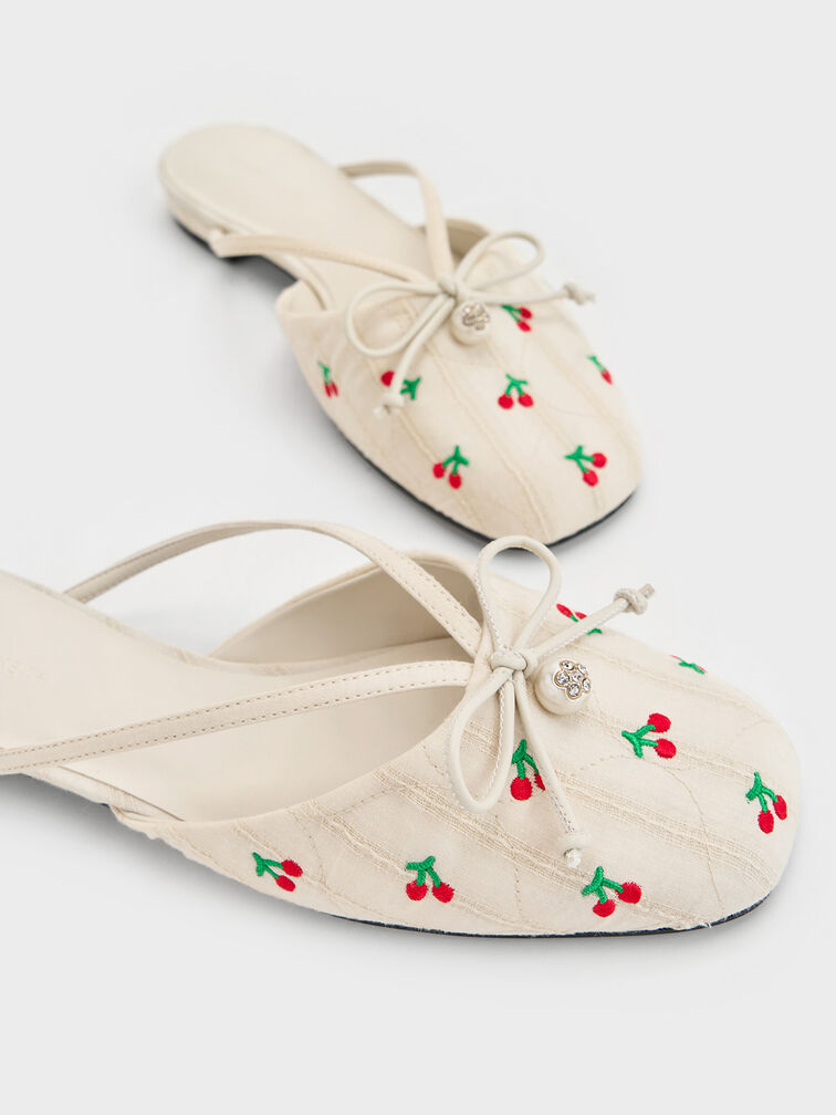 Cherry-Print Pearl-Accent Bow Flat Mules, Multi, hi-res