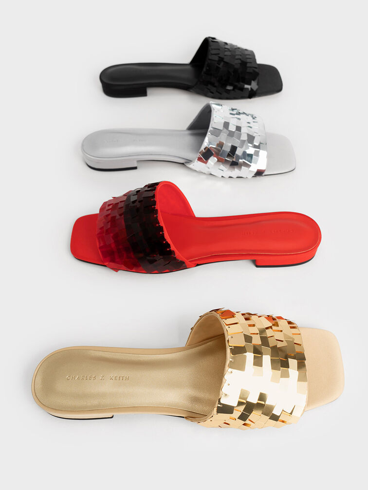 Sequinned Satin Slide Sandals, , hi-res