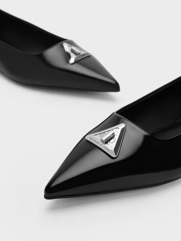 Trice Metallic Accent Pointed-Toe Flats, หนังเงาสีดำ, hi-res