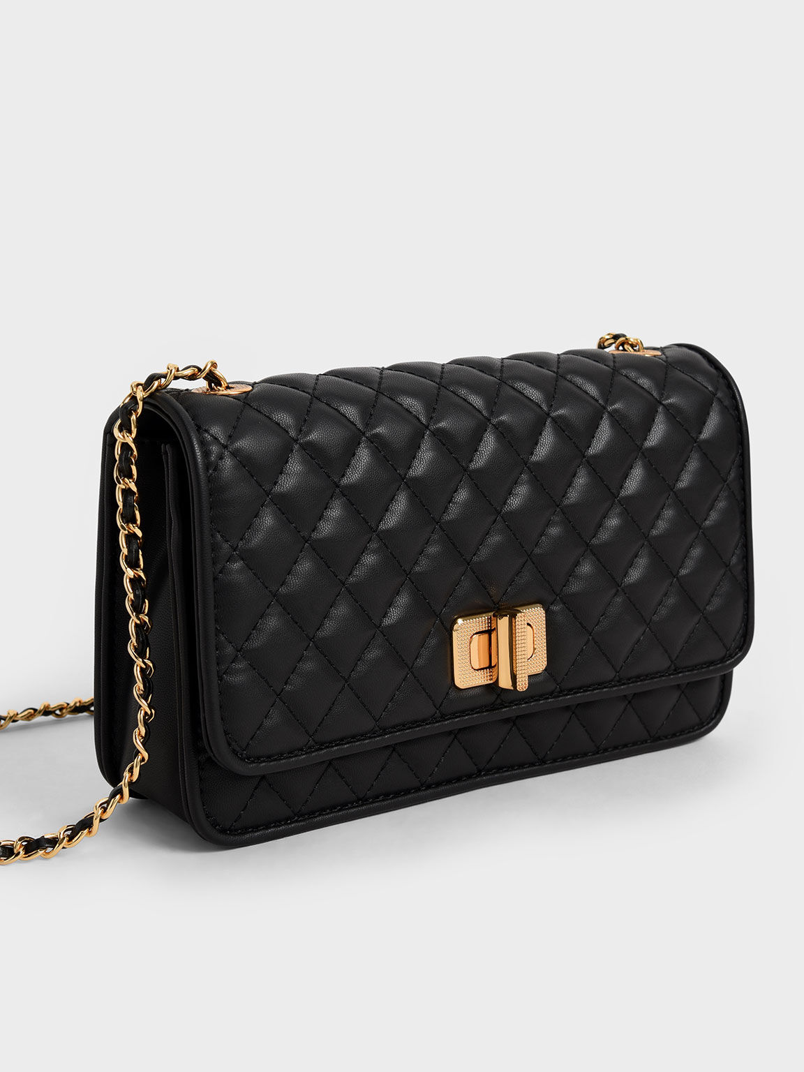 Quilted Turn-Lock Evening Clutch, Black, hi-res