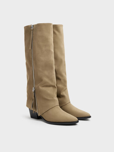 Aether Faux Suede Tassel-Zip Knee-High Boots, Khaki, hi-res