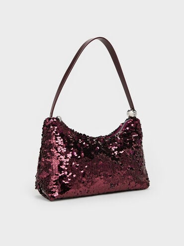 กระเป๋าแบบสะพายได้สองสไตล์ประดับเลื่อมรุ่น Jesmyn, สีเบอร์กันดี, hi-res
