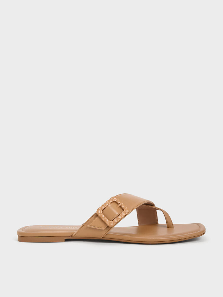 Quilted Buckle Thong Sandals, Camel, hi-res