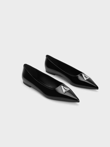 Trice Metallic Accent Pointed-Toe Flats, หนังเงาสีดำ, hi-res