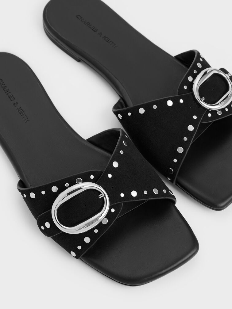 Studded Buckled Slide Sandals, Black, hi-res