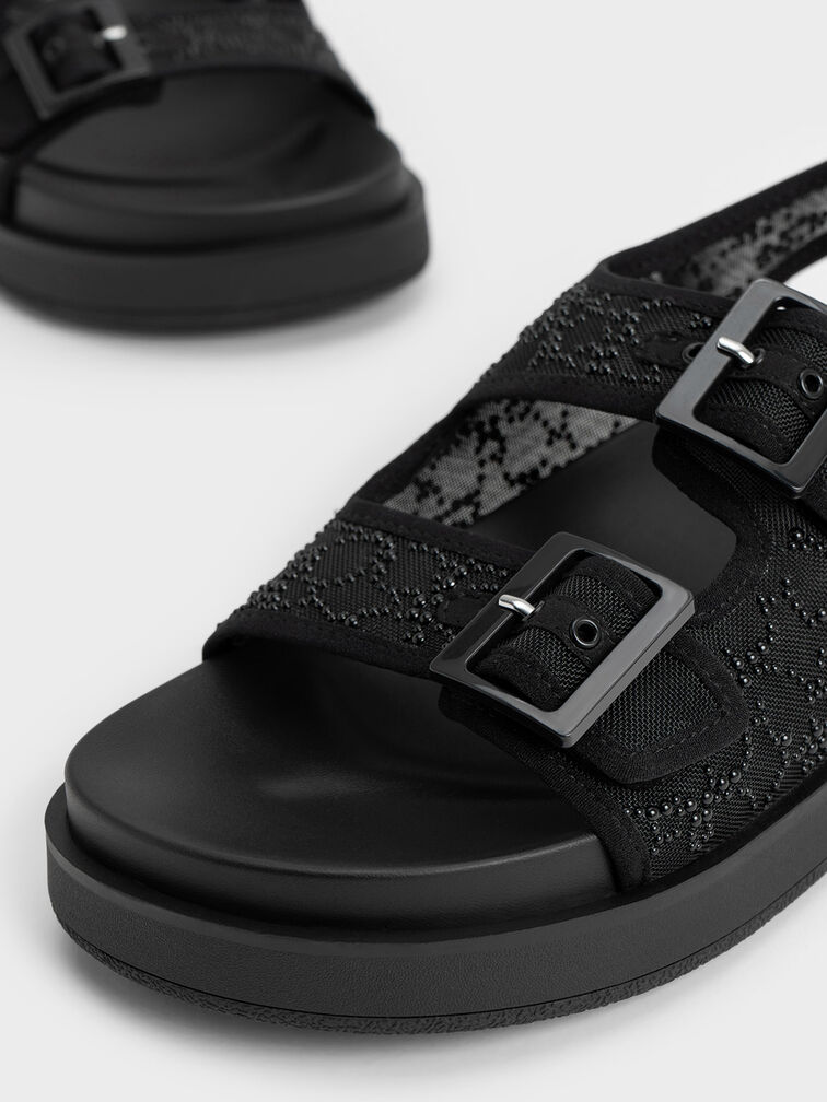 Beaded Mesh Flatform Sandals, สีดำ, hi-res