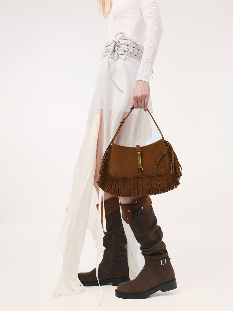 Cesia Recycled Suede Fringed Hobo Bag, Sienna Brown, hi-res