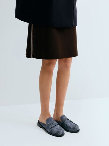 รองเท้าเปิดส้นทรงโลฟเฟอร์ดีไซน์เพนนีวัสดุผ้าเดนิมรุ่น Dylan, สีดาร์คบลู, hi-res