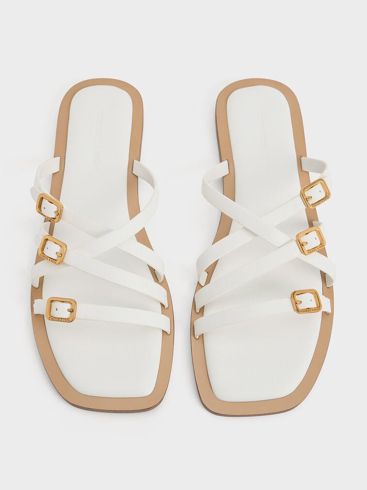 Strappy Buckled Slide Sandals, White, hi-res