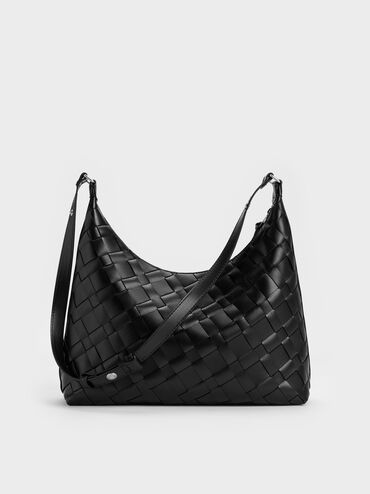 กระเป๋าโฮโบดีเทลงานสานประดับพู่รุ่น Ivette, สีดำอะไหล่สีเงิน, hi-res