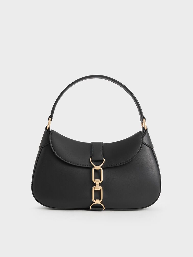 กระเป๋าโฮโบตกแต่งโซ่รุ่น Agatha, สีดำ, hi-res