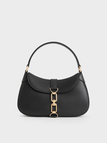 กระเป๋าโฮโบตกแต่งโซ่รุ่น Agatha, สีดำ, hi-res