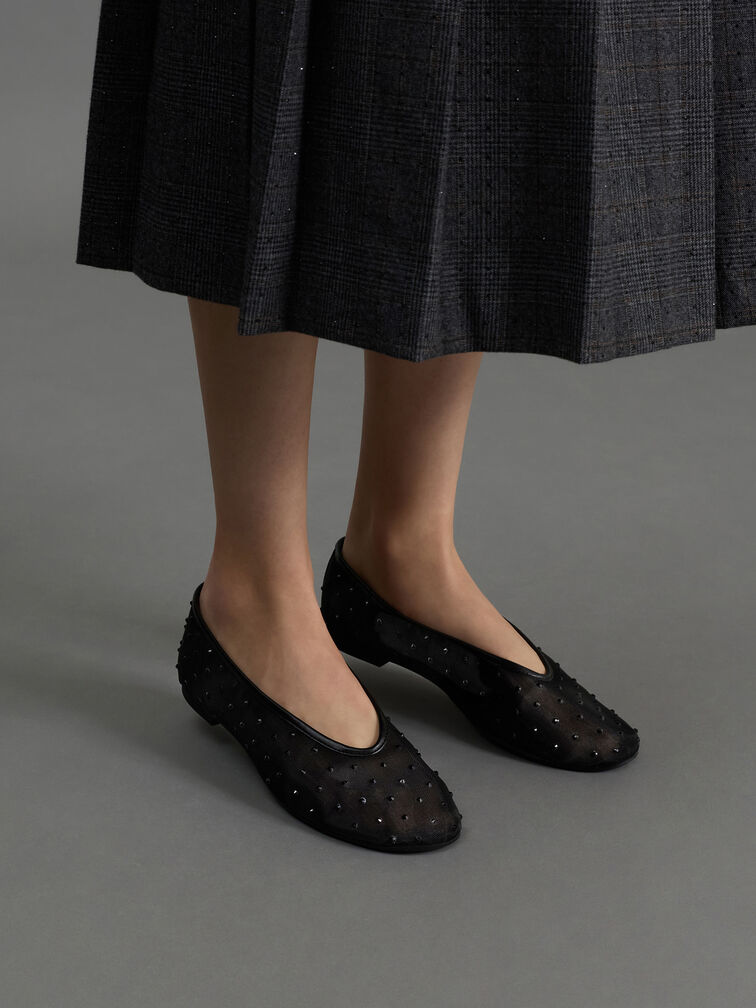Mesh Crystal Ballet Flats, Black Textured, hi-res