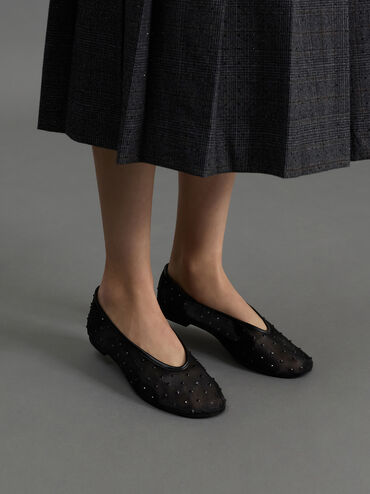 Mesh Crystal Ballet Flats, Black Textured, hi-res