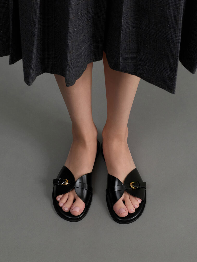 Buckled-Strap Slide Sandals, Black Boxed, hi-res