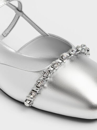 Metallic Crystal Slingback Flats, Silver, hi-res