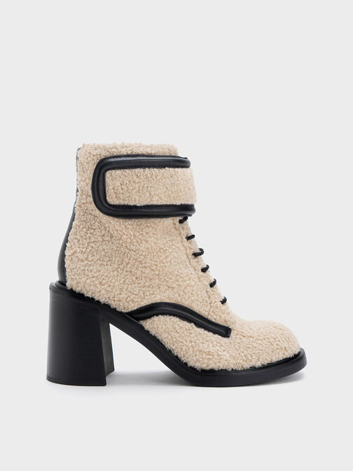 Rosalie Furry Leather Ankle Boots, สีเบจ, hi-res