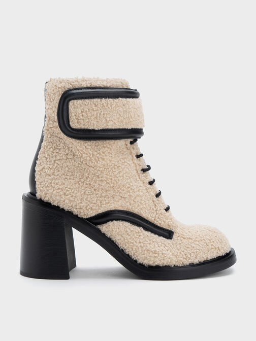 Rosalie Furry Leather Ankle Boots, Beige, hi-res